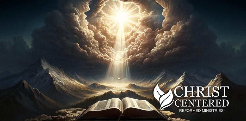 A majestic depiction of divine light breaking through dark clouds lighting upon a Bible