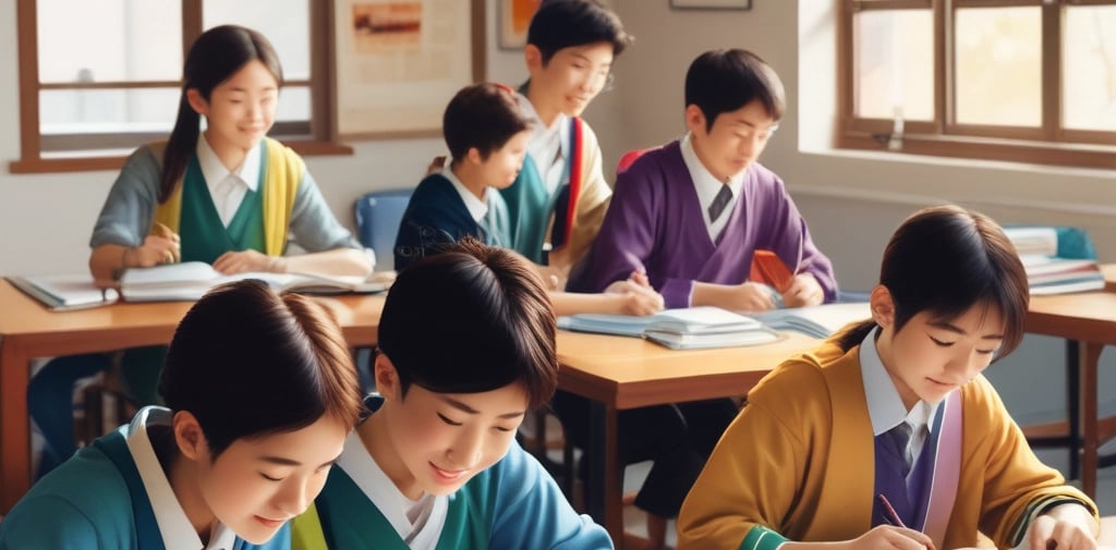 A cheerful classroom setting with students learning Japanese.