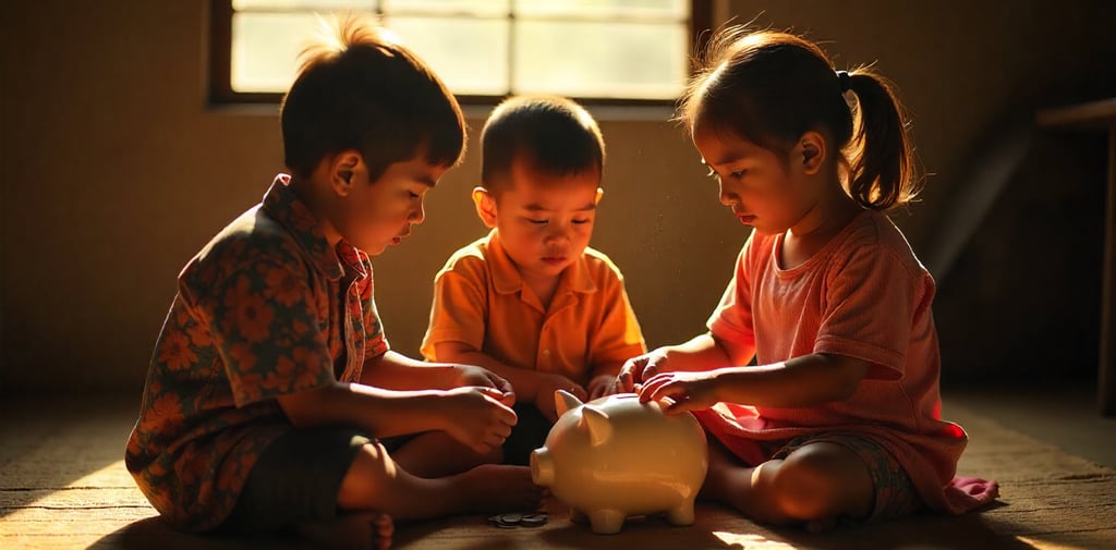 three children sitting on a rug with a piggygy piggygy piggy