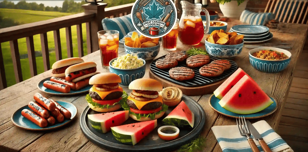 Burgers, hot dogs, iced tea, and watermelon on a rustic deck table set for a Canadian summertime bbq