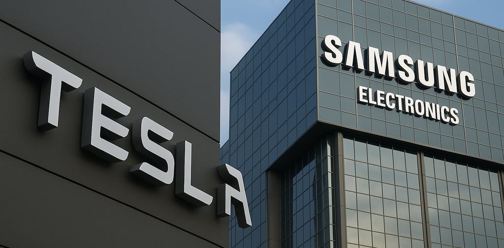 Fachada moderna com o logotipo tridimensional da Tesla em uma parede cinza escura à esquerda, e o ed