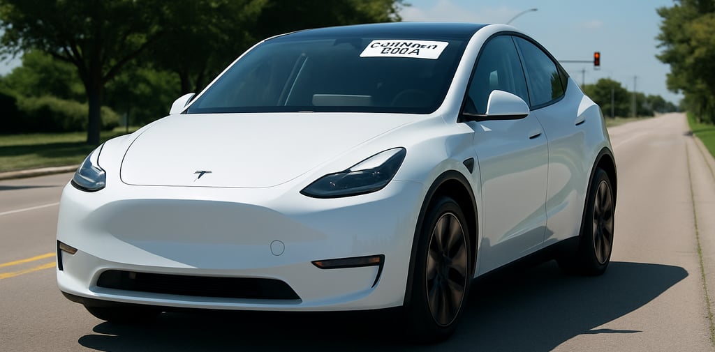Tesla Model Y branco dirigindo sozinho por uma rua urbana arborizada em um dia ensolarado, simboliza