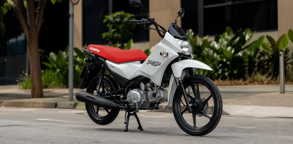 Moto Honda Pop 110i branca com banco vermelho estacionada em rua urbana, com árvores e prédios ao fu
