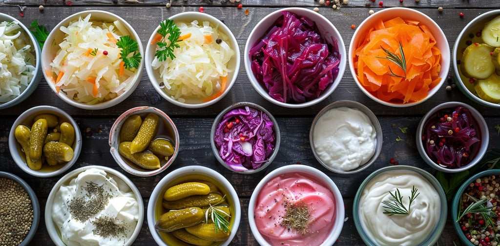 16 bowls of fermented foods on a wooden table