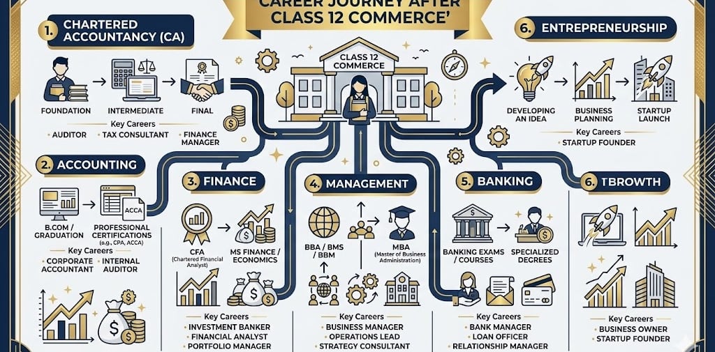 Commerce career options infographic for Class 12 commerce students after board exams
