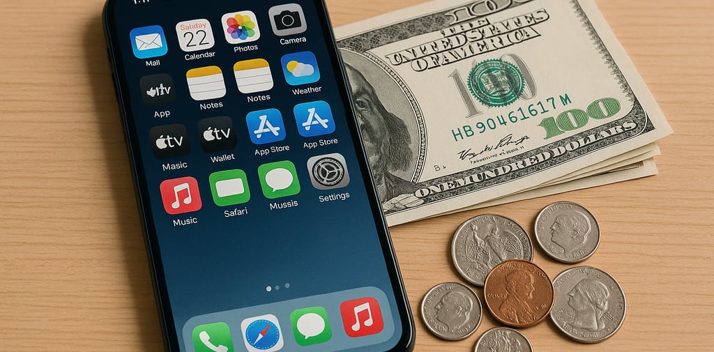 iPhone con app e soldi sul tavolo