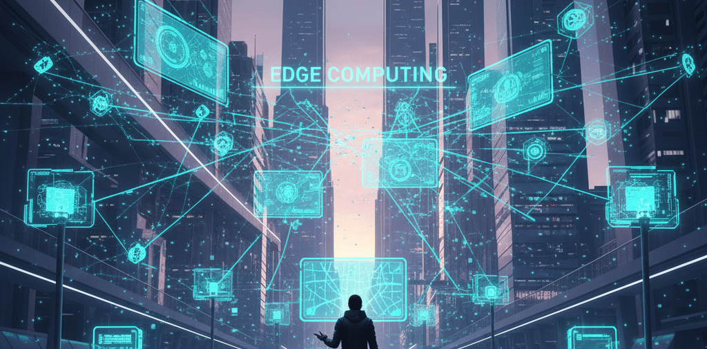 Edge computing network illustration showing real-time data processing between devices, edge servers,