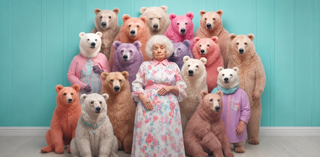 Femme entourée d'ours aux teintes pastel, illustrant un univers de marque unique et cohérent.