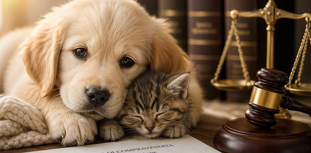 Dog puppy and kitten resting near animal law books and a legal gavel.