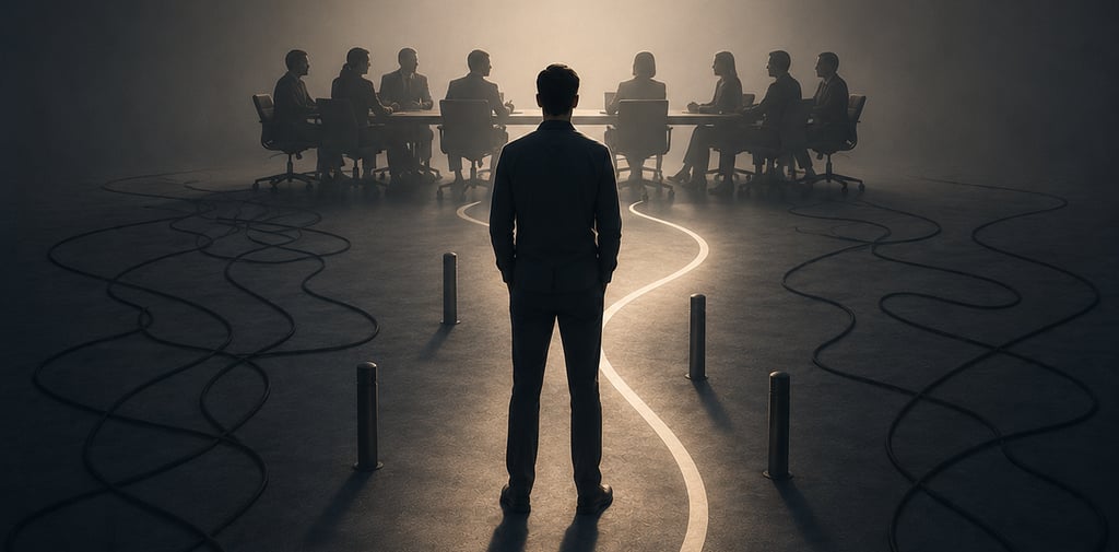 A visionary business leader follows a glowing path toward a corporate boardroom meeting.