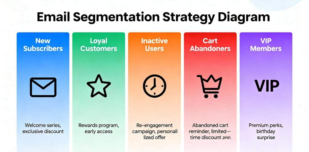 Email segmentation diagram for customer segments: new subscribers, loyal, inactive, cart abandoners
