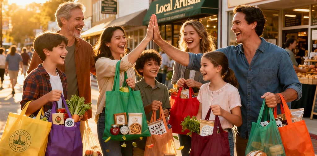 a family of four people holding shopping bags from local stores