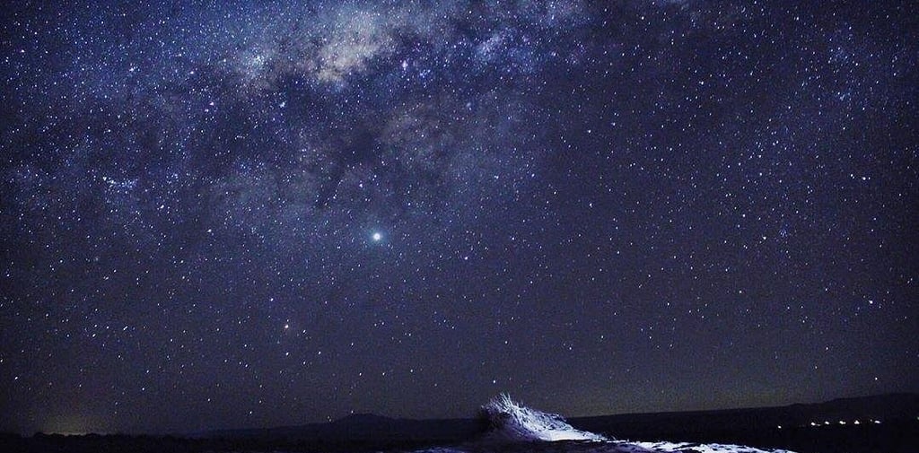 Milky Way galaxy night sky over a dark desert landscape with bright stars and astronomical nebula.