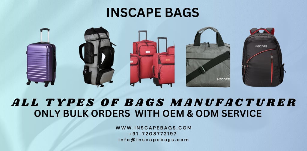 Blue Shade poster of inscape bags with images of different bags and contact information