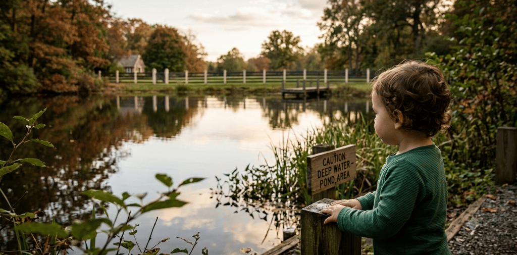 A young toddler standing alone at the edge of a natural pond, with no supervision.