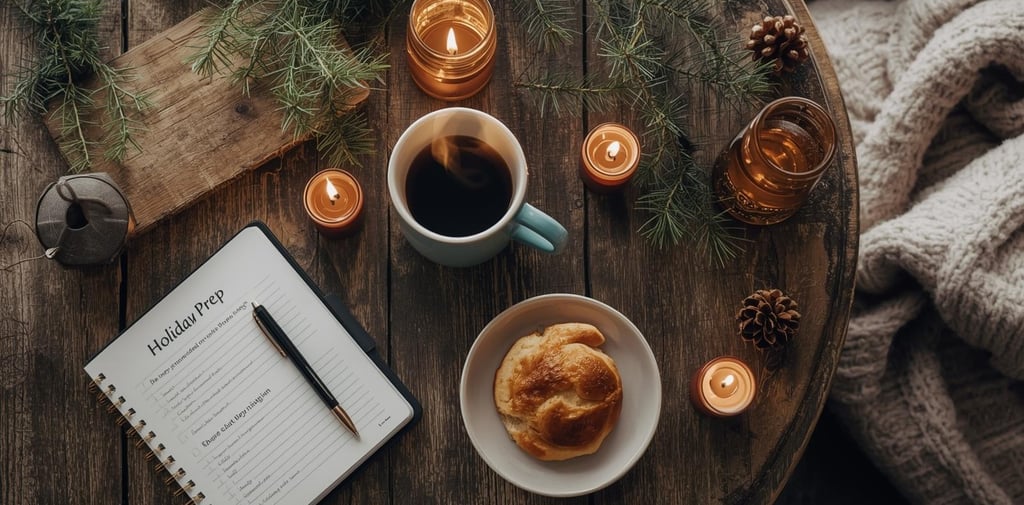 Cozy workspace with coffee, notebook, and holiday planning checklist.