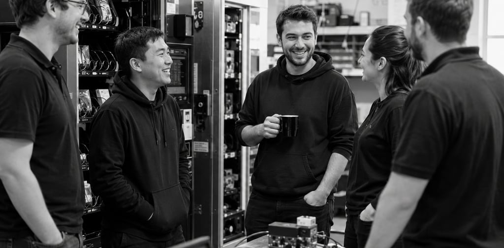 Black-and-white photo of a small team of vending and IoT technology specialists talking and smiling 