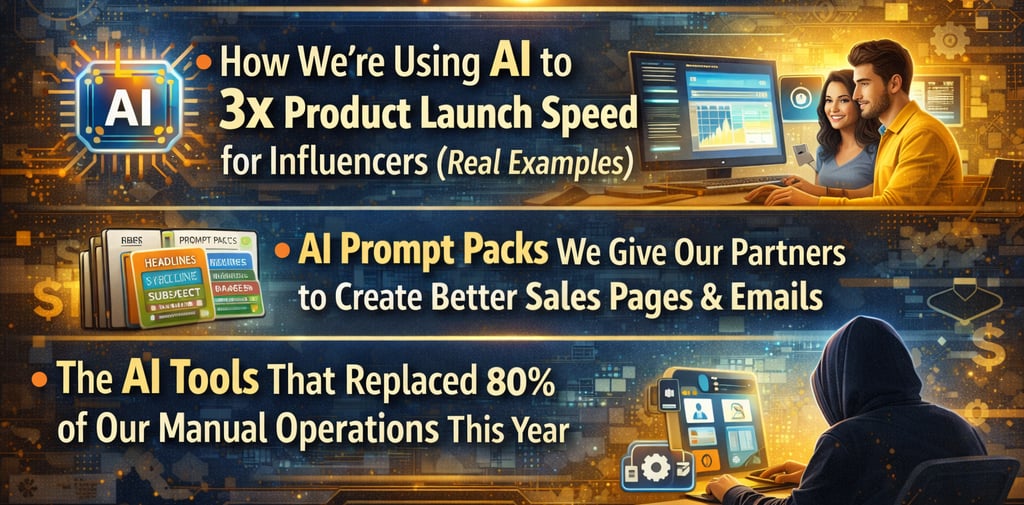 Infographic showing how AI tools and prompt packs accelerate product launches for creator businesses in 2026.