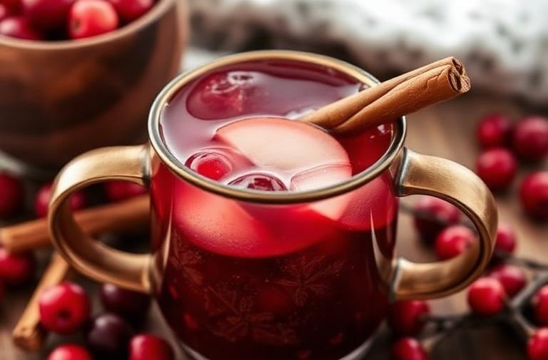 Warm cranberry apple cider cocktail with cinnamon garnish