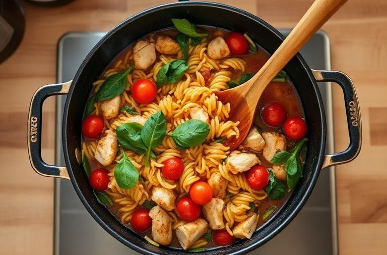 An overhead photo of a one-pot orzo meal with chicken, tomatoes, and spinach in a cast-iron skillet,
