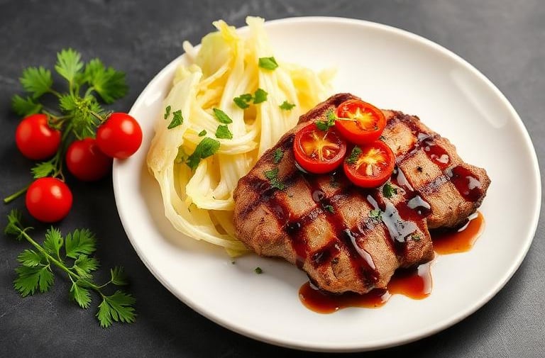 Elegant plated cabbage steak garnished with herbs and balsamic reduction