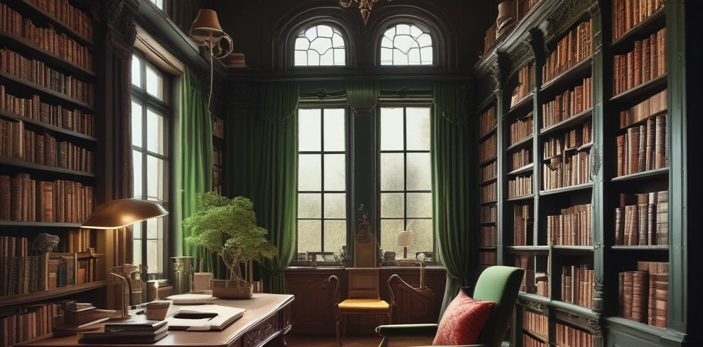 A cozy reading nook bathed in warm golden light with a stack of e.s. magill's fantasy novels, a steaming mug, and a journal adorned with magical symbols.