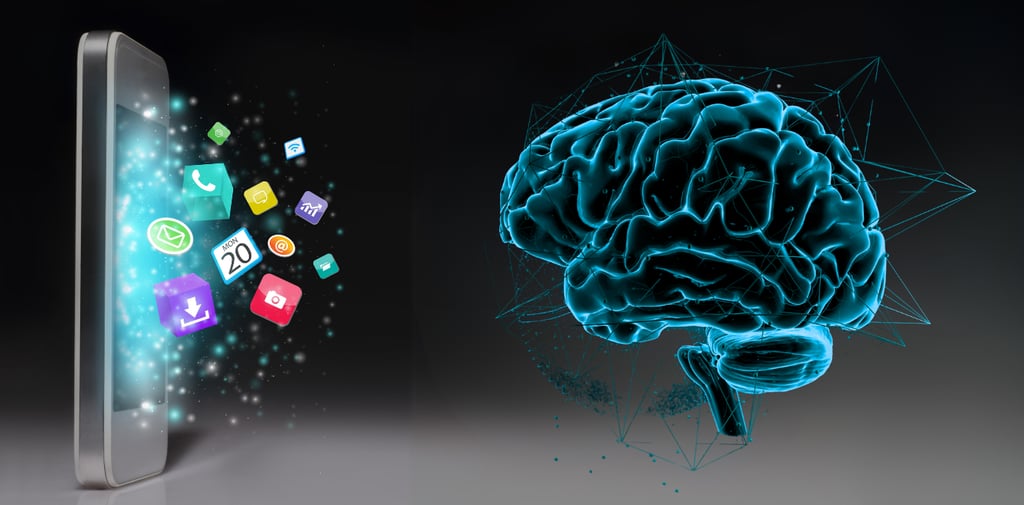 Digital-style cell phone with apps popping out of the screen and on the right, digital-style brain.