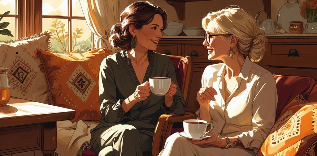 two women sat drinking coffee and smiling