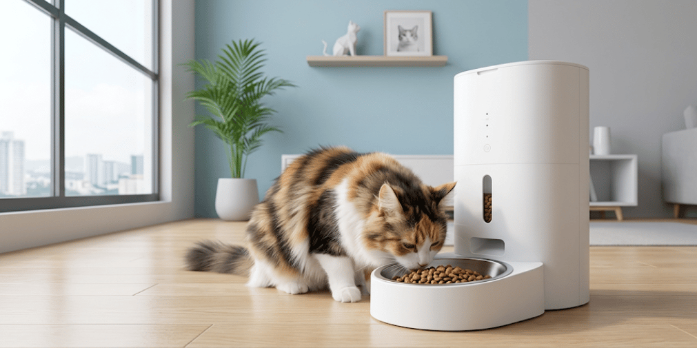 A calico cat eating dry food from an automatic pet feeder in a modern living room.