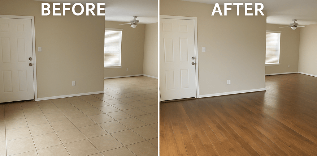 Before and after flooring installation Katy TX showing hardwood transformation