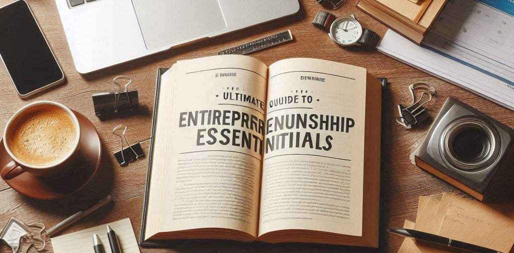 An image of a book that reads entrepreneurship essentials on a desk