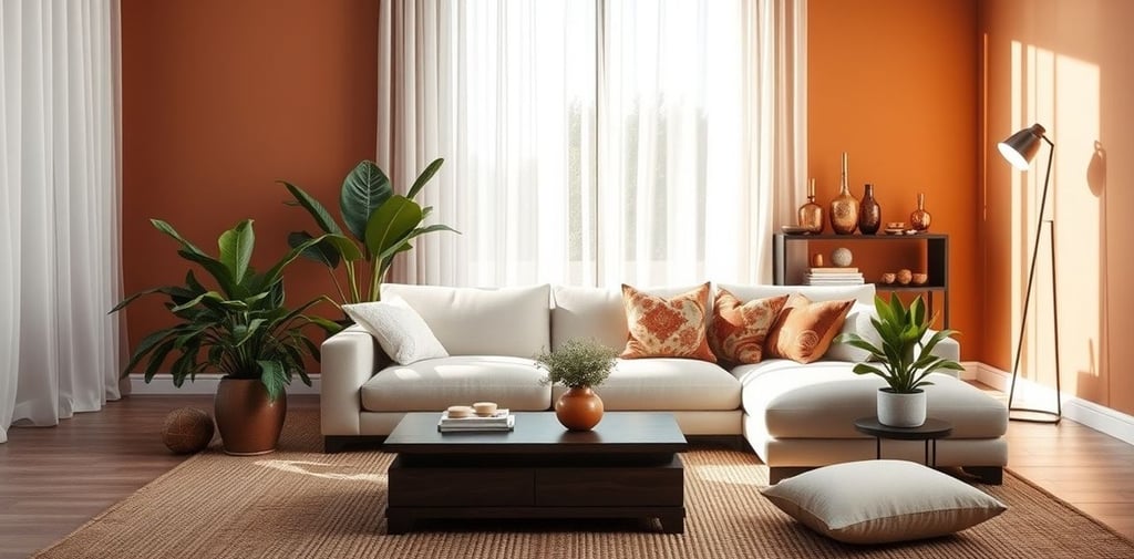 Sala de estar decorada com tendências de 2025, com móveis retrô, parede terracota e iluminação suave