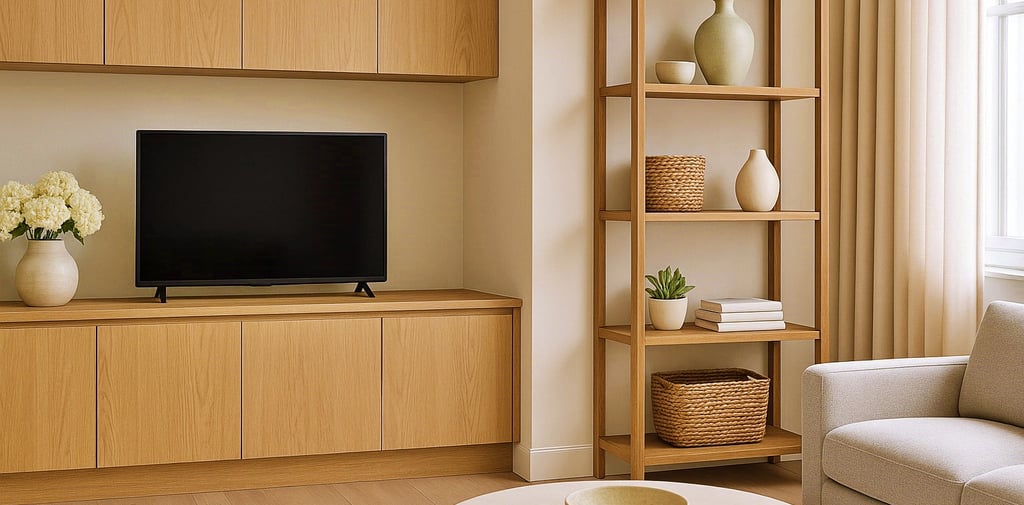 Sala moderna com móveis planejados de madeira e estante com decoração minimalista ao lado de sofá