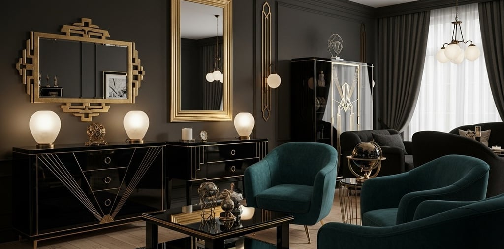 Sala Art Déco vintage com móveis geométricos, dourado e veludo, transmitindo luxo e elegância