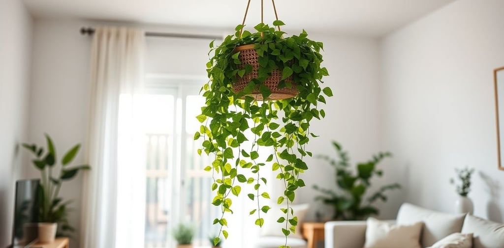Planta hera inglesa pendurada em cesto suspenso com corrente em sala de estar iluminada e decorada