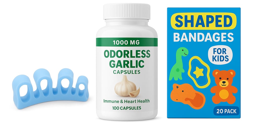 Toe spacers, garlic capsules, and kids’ shaped bandages on white