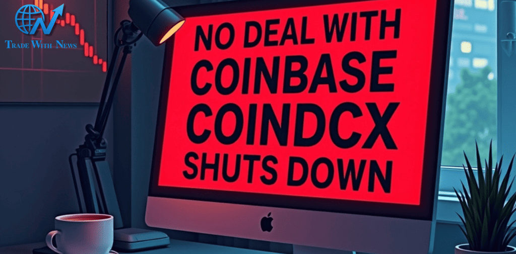 "No deal with Coinbase Coindcx shuts down" is written on monitor screen