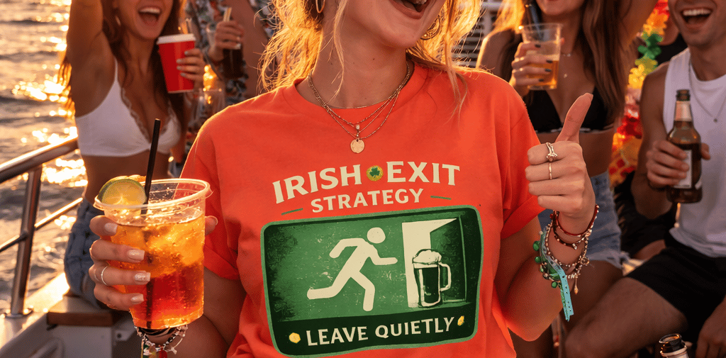 A group of friends partying on a sunset boat cruise with a woman wearing an Irish Exit Strategy shirt.