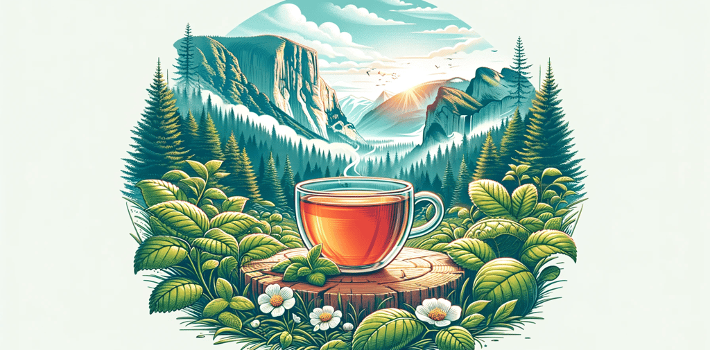 a cup of tea with a mountain view
