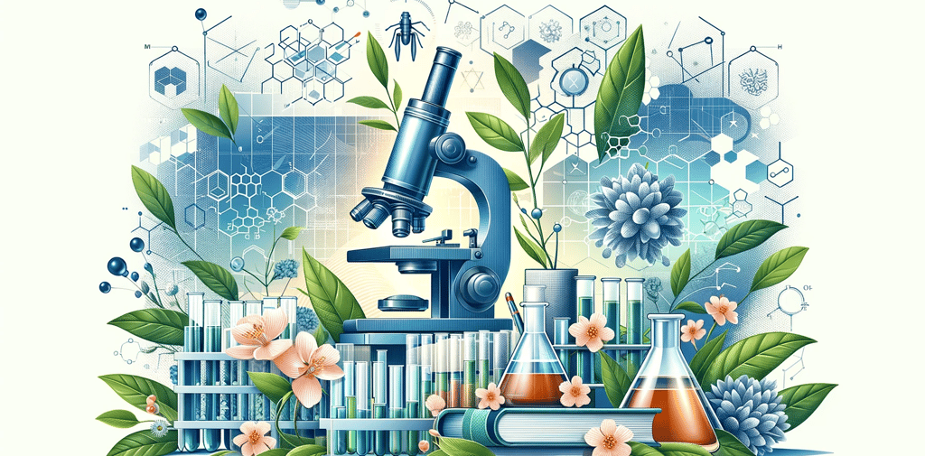 a microscope and some laboratory equipment with flowers