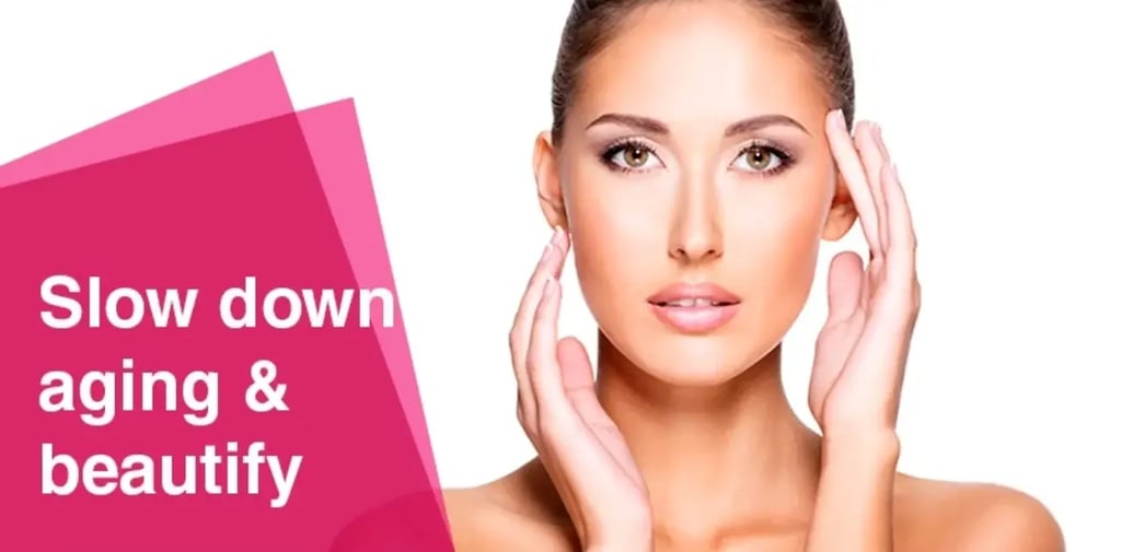 pretty woman looking at camera, text 'slow down aging & beautify'