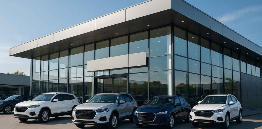 Concessionária moderna com fachada de vidro, carros novos expostos e iluminação natural