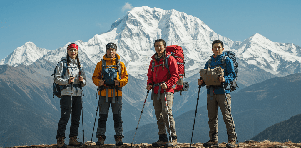 Hikers wearing climate ready clothing with hiking gear with mountain background