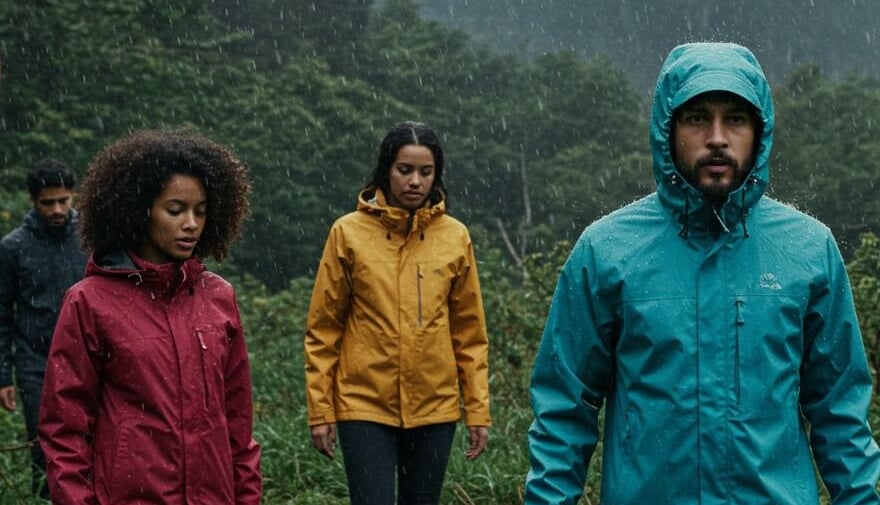Hikers wearing outdoor waterproof windproof hiking jackets