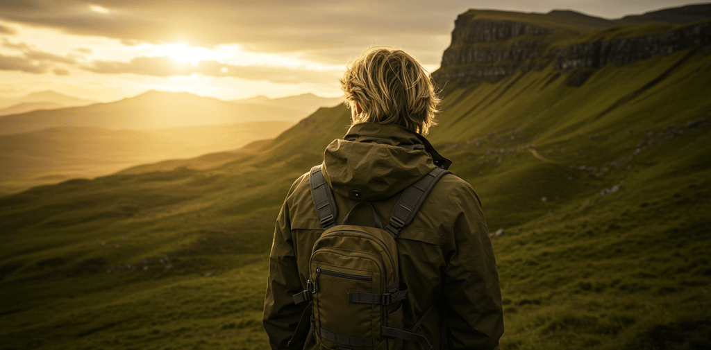 man wearing waterproof jacket while on a hike in the mountains