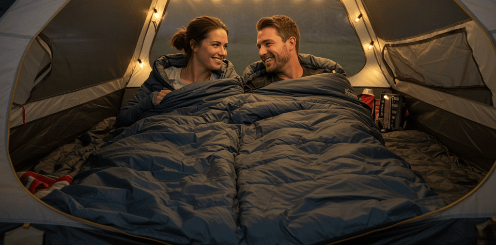 couples camping in a sleeping bag and tent in the woods