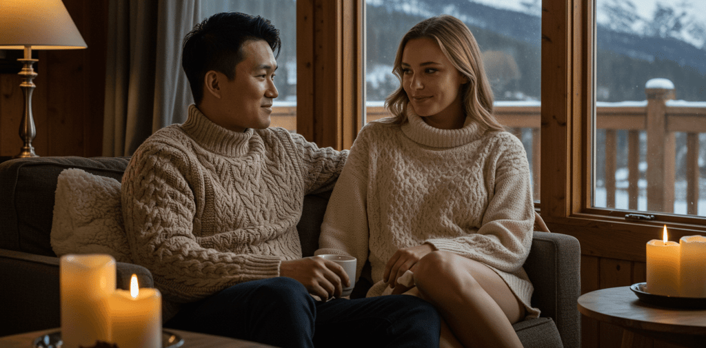 a man and woman sitting on a couch in a living room