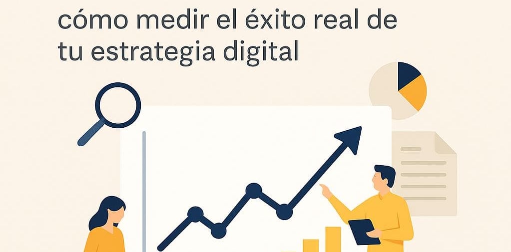 "Ilustración con dos personas analizando un gráfico ascendente en una pantalla digital."