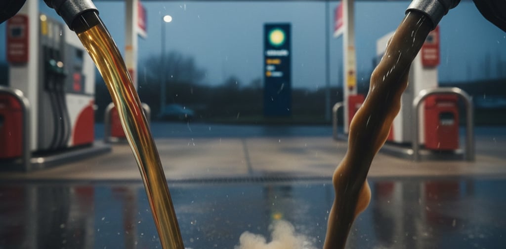 Clear premium diesel vs. murky budget fuel pouring from nozzles at a rainy UK petrol station.