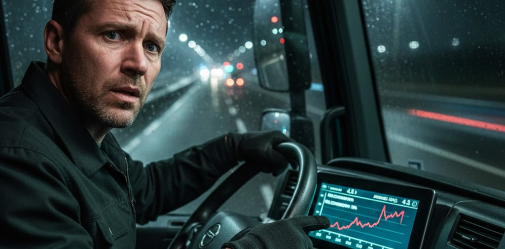 Worried truck driver looking at a dashboard display showing a rising red fuel consumption graph during a night drive.